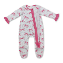 Load image into Gallery viewer, Long sleeves pink bow ruffle girls footed zipper romper