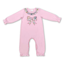 Load image into Gallery viewer, Pink bow ruffle long sleeves baby girls romper