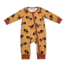 Load image into Gallery viewer, Brown sleeves horse rodeo baby boy western zipper romper