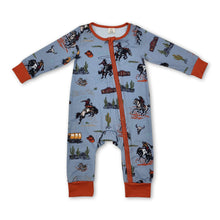 Load image into Gallery viewer, Brown sleeves cactus rodeo baby boy western zipper romper