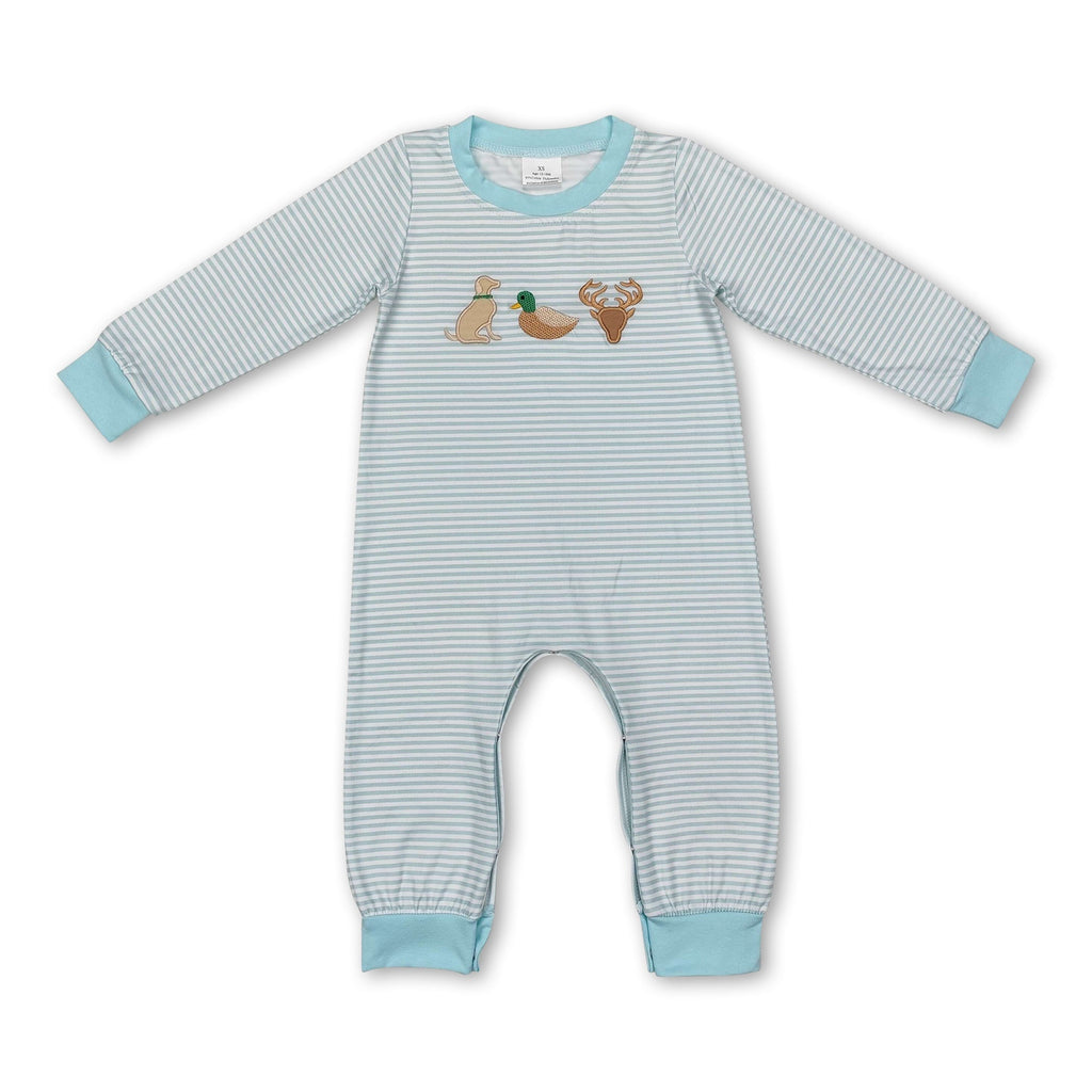 Light blue stripe dog duck deer baby boy romper