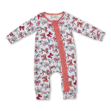 Load image into Gallery viewer, Pink ruffle long sleeves bow baby girls zipper romper