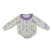 Load image into Gallery viewer, Purple polka dots baby girls Mardi Gras romper