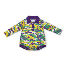 Load image into Gallery viewer, Green yellow purple camo baby boy Mardi Gras polo romper