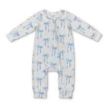Load image into Gallery viewer, Long sleeves light blue bow cable knit baby girl zipper romper