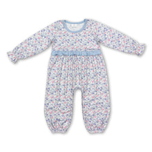Load image into Gallery viewer, Long sleeves light blue ruffle floral baby girls romper