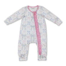 Load image into Gallery viewer, Long sleeves pink ruffle bow baby girls zipper romper