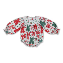 Load image into Gallery viewer, Green red bows smocked girls Christmas romper