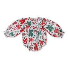 Load image into Gallery viewer, Green red bows smocked girls Christmas romper