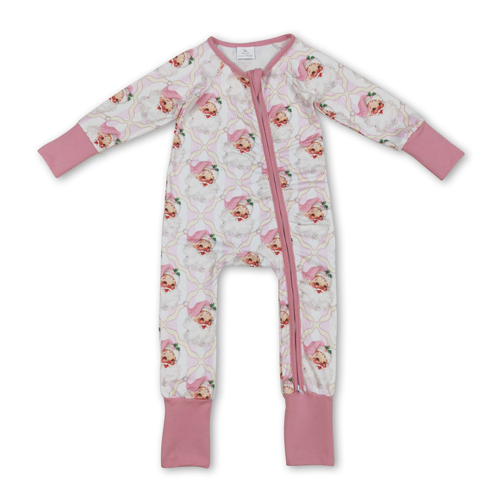 Long sleeves pink stripe santa baby girls Christmas romper
