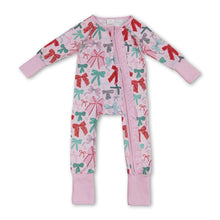 Load image into Gallery viewer, Pink long sleeves bows baby girls Christmas zip romper