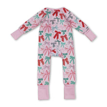 Load image into Gallery viewer, Pink long sleeves bows baby girls Christmas zip romper