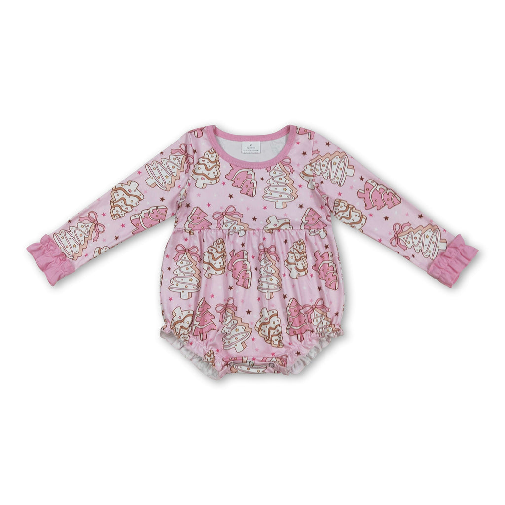 Long sleeves pink bow Christmas tree cake girls romper