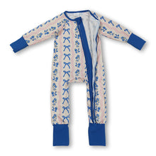 Load image into Gallery viewer, Long sleeves blue bow floral baby girls zipper romper
