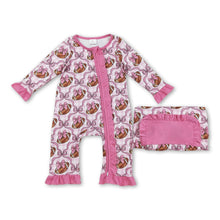 Load image into Gallery viewer, Pink ruffle long sleeves football bow baby girls zipper romper