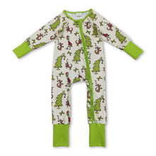 Load image into Gallery viewer, Green face bow Christmas tree baby girls zipper romper