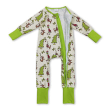 Load image into Gallery viewer, Green face bow Christmas tree baby girls zipper romper
