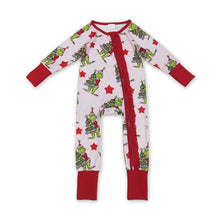 Load image into Gallery viewer, Red stars green face baby girls Christmas zipper romper