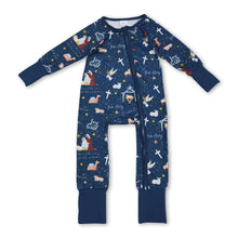 Load image into Gallery viewer, Blue long sleeves cross nativity baby Christmas zip romper