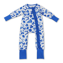 Load image into Gallery viewer, Blue football bow ruffle baby girls team zipper romper