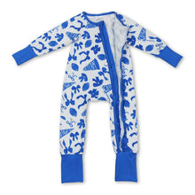 Load image into Gallery viewer, Blue football bow ruffle baby girls team zipper romper