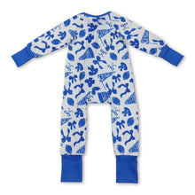 Load image into Gallery viewer, Blue football bow ruffle baby girls team zipper romper