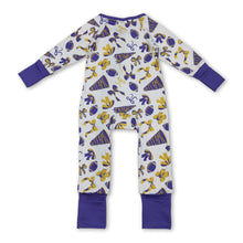 Load image into Gallery viewer, Purple bow ruffle football baby girls team zipper romper