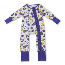 Load image into Gallery viewer, Purple bow ruffle football baby girls team zipper romper