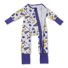 Load image into Gallery viewer, Purple bow ruffle football baby girls team zipper romper