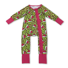 Load image into Gallery viewer, Leopard green face ruffle girls Christmas zipper romper