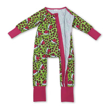 Load image into Gallery viewer, Leopard green face ruffle girls Christmas zipper romper