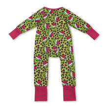 Load image into Gallery viewer, Leopard green face ruffle girls Christmas zipper romper