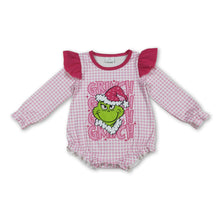 Load image into Gallery viewer, Long sleeves pink plaid green face girls Christmas romper