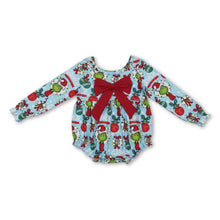 Load image into Gallery viewer, Long sleeves red bow green face baby girls Christmas romper