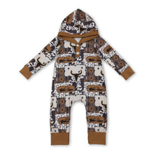 Load image into Gallery viewer, Long sleeves bull skull cow western baby boy hooded romper