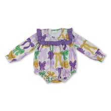 Load image into Gallery viewer, Purple yellow green bows baby girls Mardi Gras romper