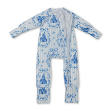 Load image into Gallery viewer, Long sleeves blue stripe bow castle girls zipper romper