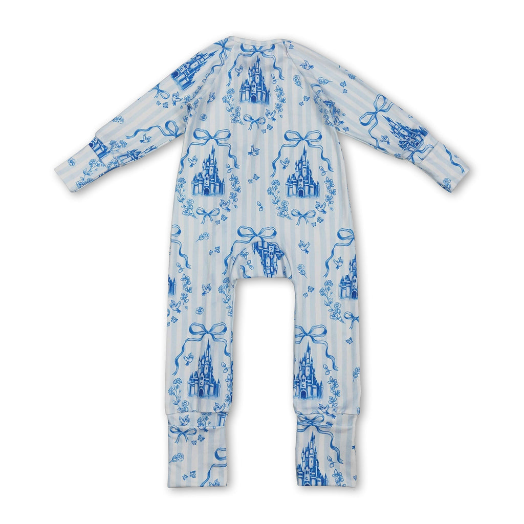 Long sleeves blue stripe bow castle girls zipper romper