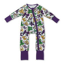Load image into Gallery viewer, Purple green yellow bows baby Mardi Gras zipper romper