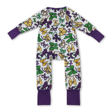 Load image into Gallery viewer, Purple green yellow bows baby Mardi Gras zipper romper