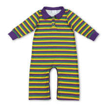 Load image into Gallery viewer, Yellow purple green stripe boy Mardi Gras polo romper