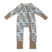 Load image into Gallery viewer, long sleeves blue western boots stars baby romper