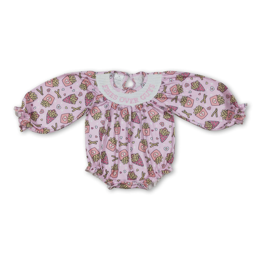 Long sleeves heart fries smocked baby girls Valentine's romper