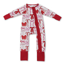 Load image into Gallery viewer, Long sleeves red pink bows baby girls zipper romper