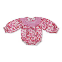 Load image into Gallery viewer, Pink bow daddy's valentine smocked baby girls romper