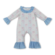 Load image into Gallery viewer, Long sleeves pink bow stripe ruffle baby girls romper