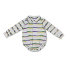 Load image into Gallery viewer, Purple green yellow stripe boy Mardi Gras polo romper