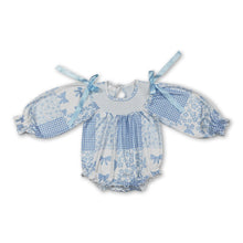 Load image into Gallery viewer, Long sleeves light blue smocked bow floral baby girls romper