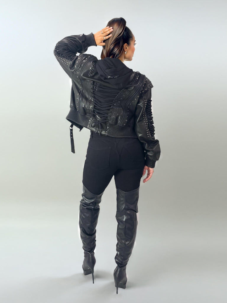 Lace Up Leather Bomber Jacket