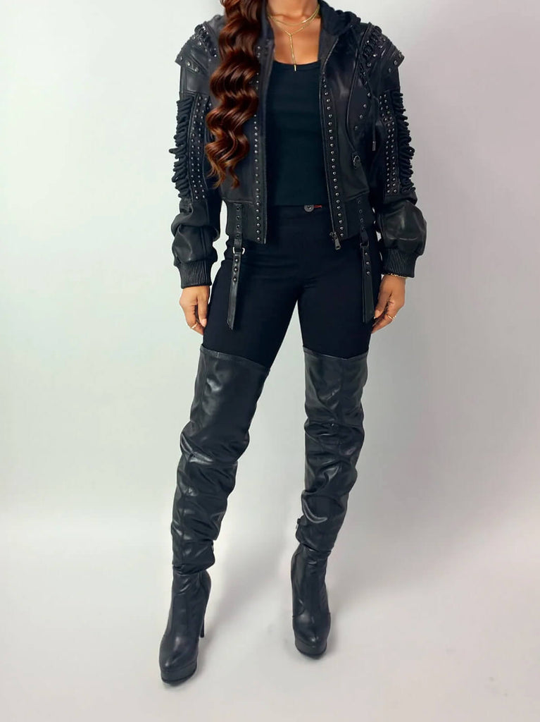 Lace Up Leather Bomber Jacket